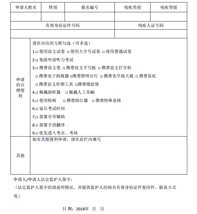 四川省殘疾人報考2018年普通高等學校招生全國統(tǒng)一考試合理便利申請表