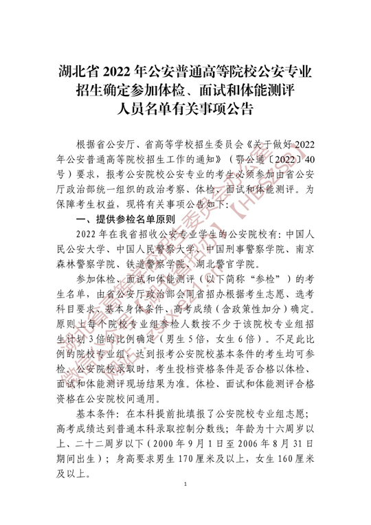湖北省2022年公安普通高等院校公安專業(yè)招生確定參加體檢、面試和體能測評 人員名單有關(guān)事項公告