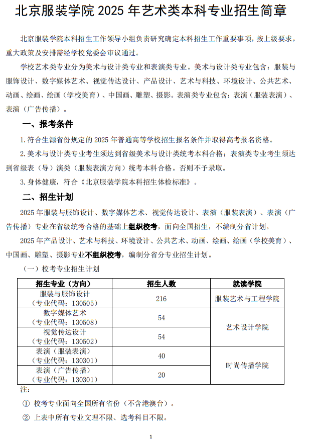 北京服裝學(xué)院2025年藝術(shù)類本科專業(yè)招生簡(jiǎn)章