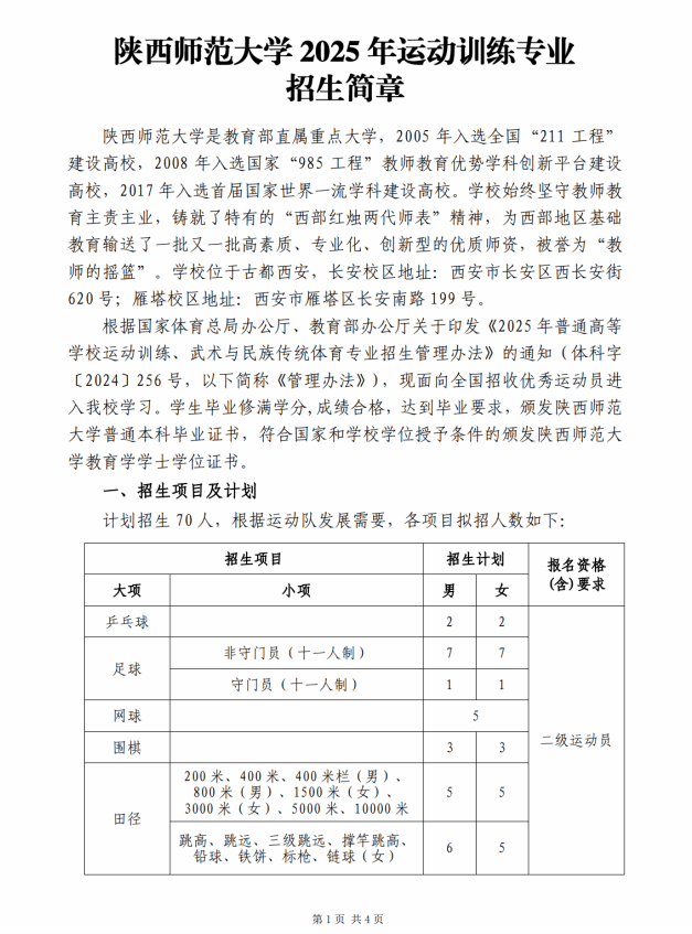 陜西師范大學(xué)2025年運(yùn)動(dòng)訓(xùn)練專業(yè)招生簡(jiǎn)章