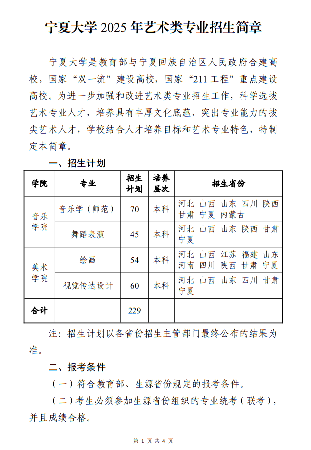 寧夏大學2025年藝術(shù)類專業(yè)招生簡章