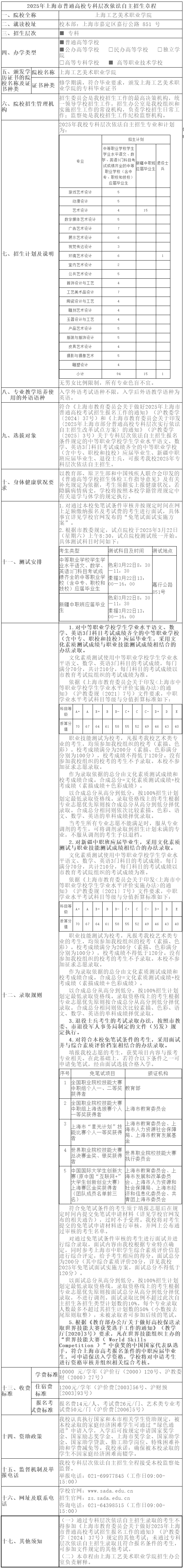 2025年上海工藝美術(shù)職業(yè)學(xué)院專科層次依法自主招生章程