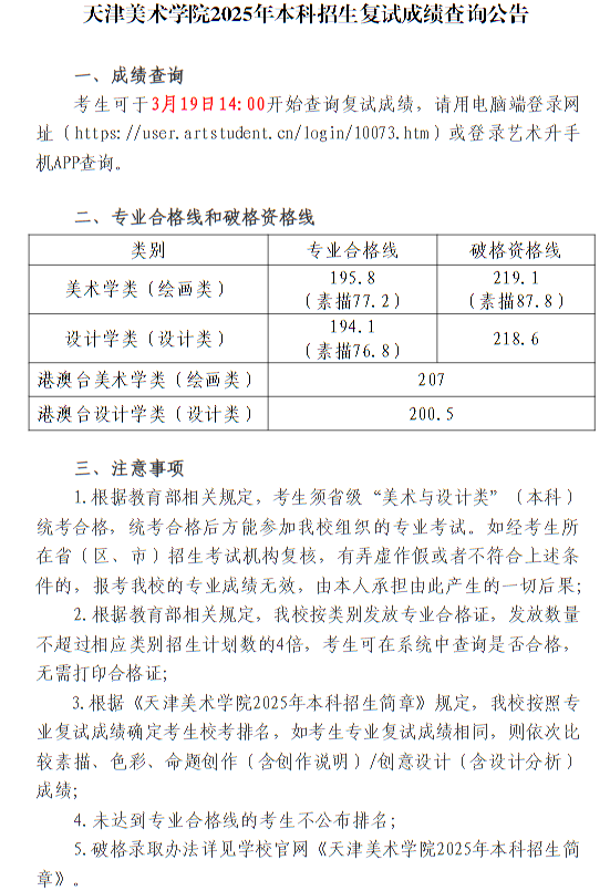 天津美術(shù)學(xué)院2025年本科招生復(fù)試成績(jī)查詢(xún)公告